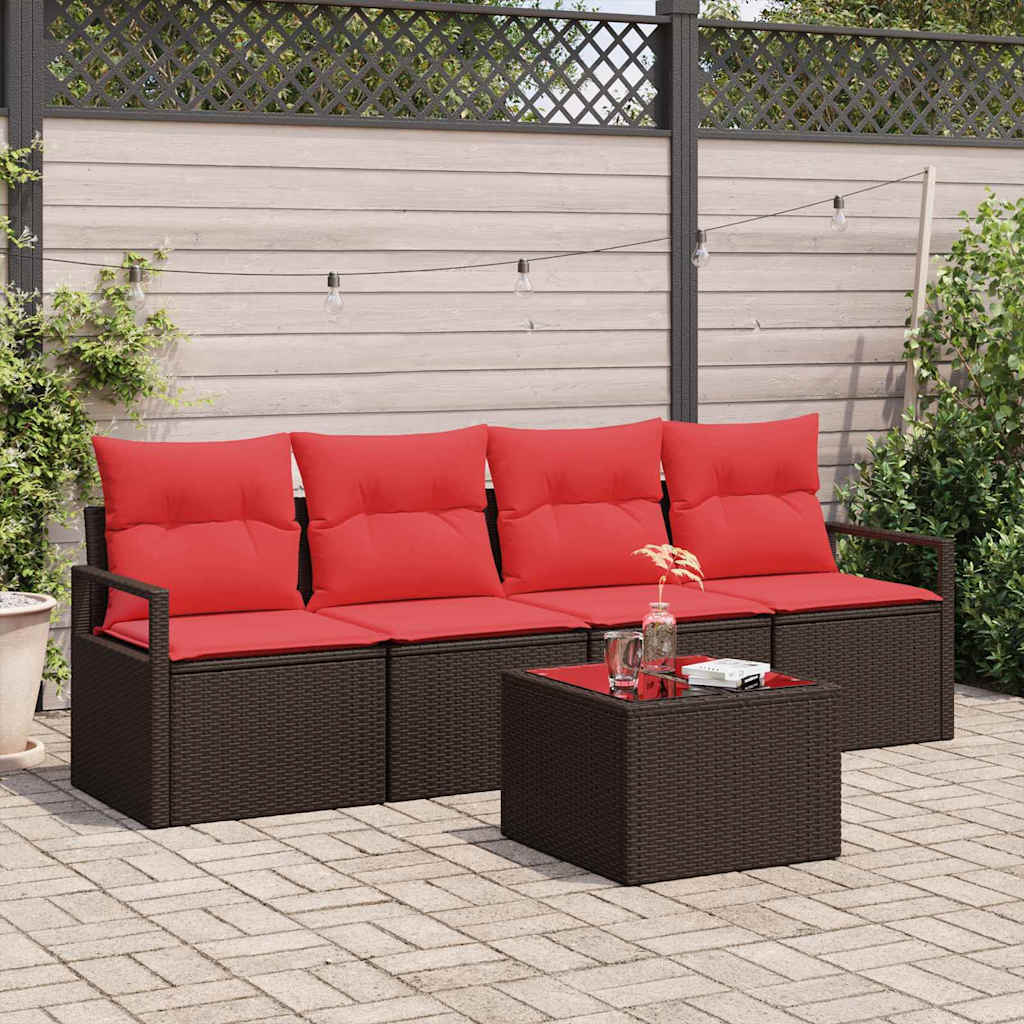 Set di divani 5 pz 4-Numero di posti Marrone e Rosso polyrattan