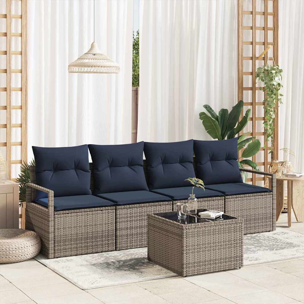 Set di divani 5 pz 4-Numero di posti Grigio e Blu polyrattan