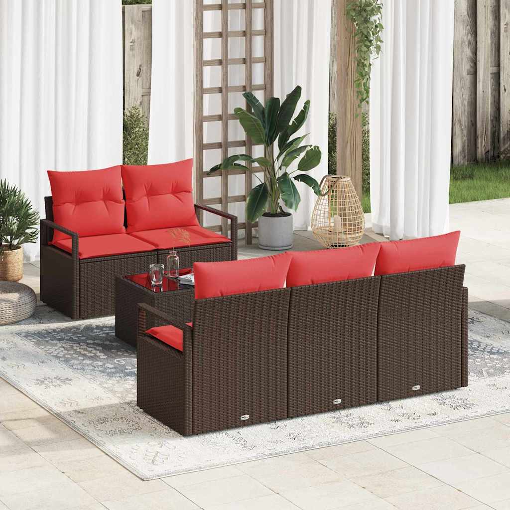 Set di divani 6 pz 5-Numero di posti Marrone e Rosso polyrattan