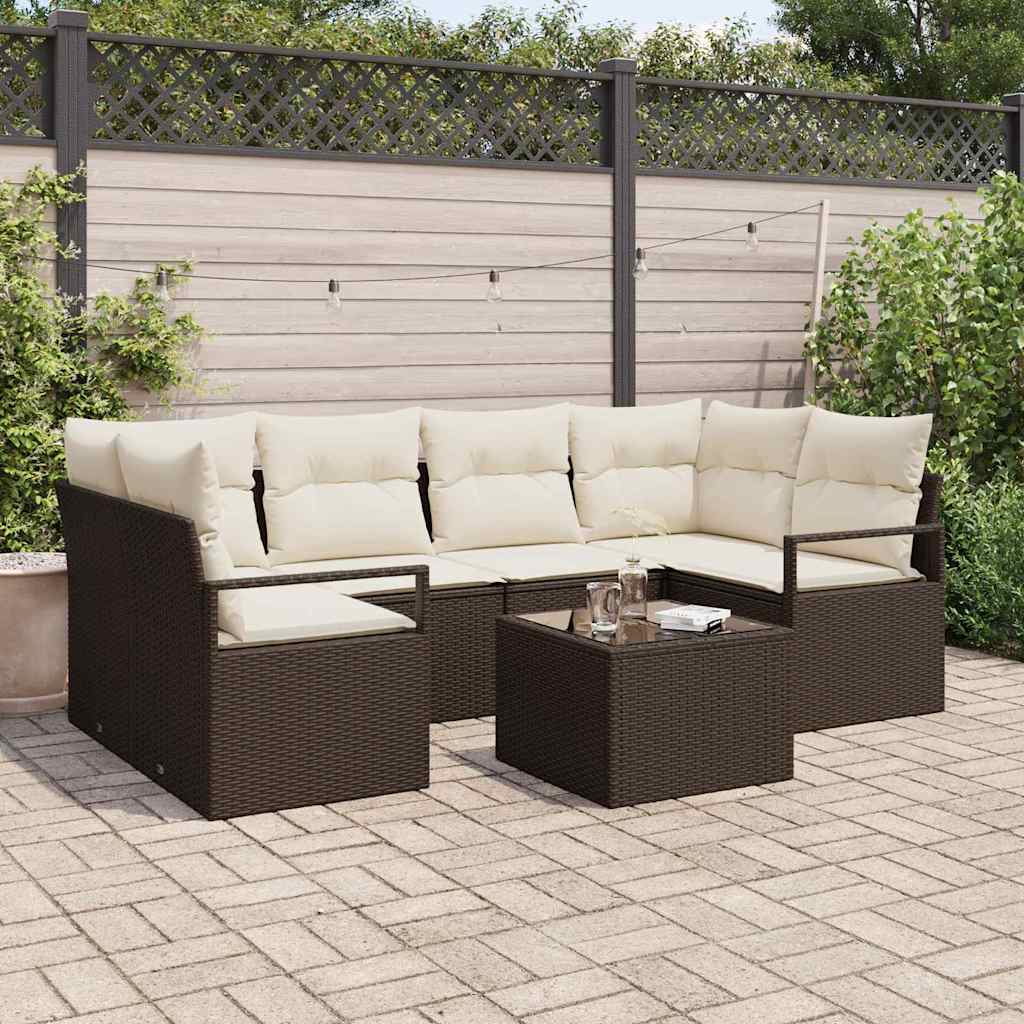 Set di divani 7 pz 6-Numero di posti Marrone e Crema polyrattan