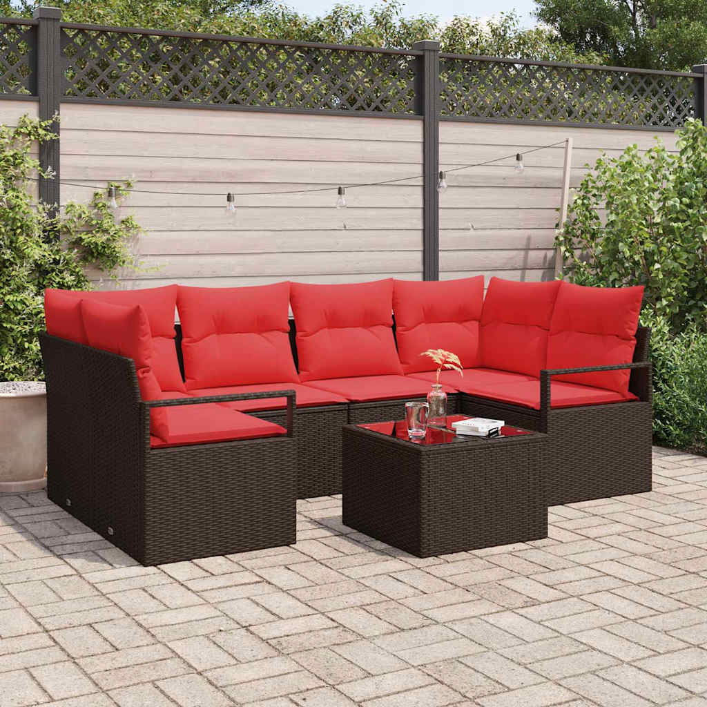 Set di divani 7 pz 6-Numero di posti Marrone e Rosso polyrattan