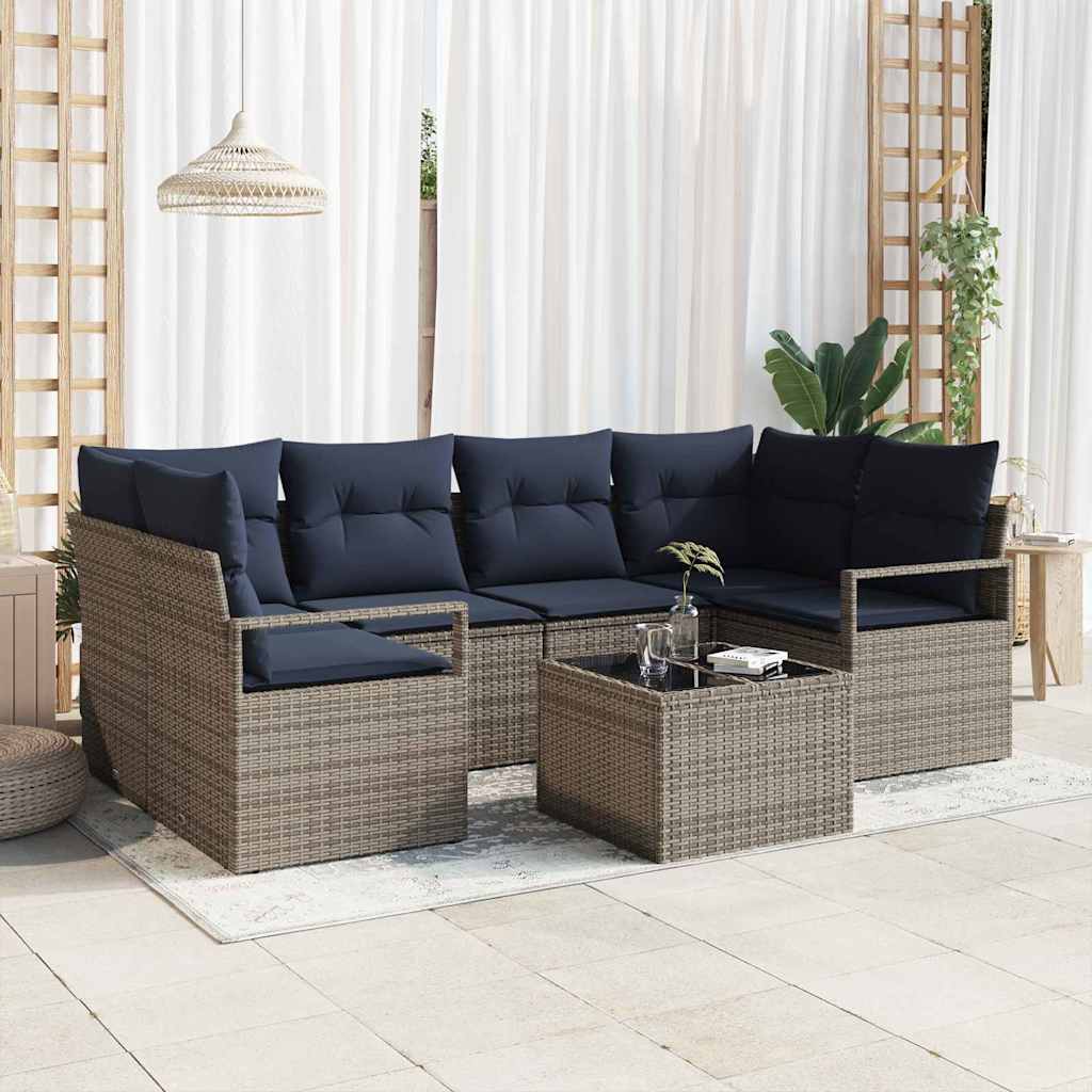 Set di divani 7 pz 6-Numero di posti Grigio e Blu polyrattan