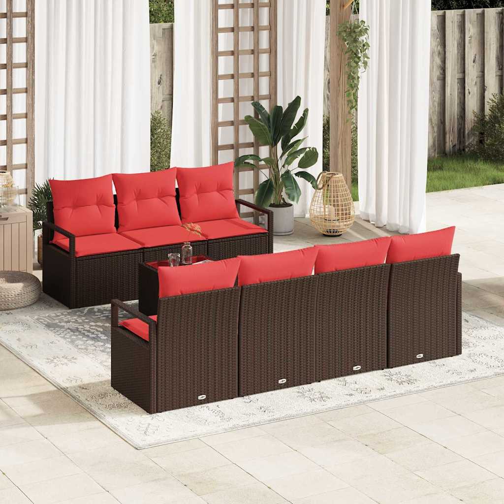 Set di divani 8 pz 7-Numero di posti Marrone e Rosso polyrattan