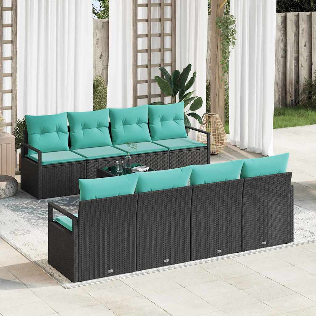 Set di divani 7 pz 6-Numero di posti Nero e azzurro polyrattan