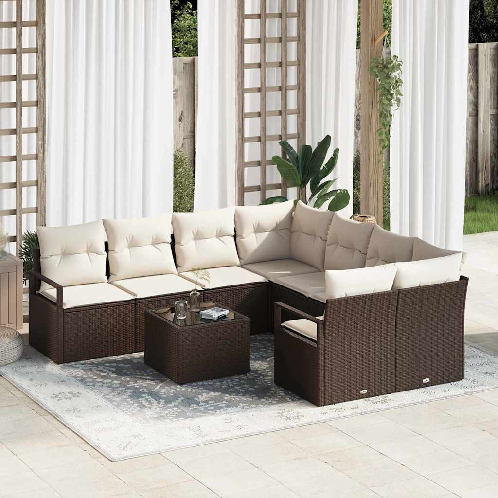 Set di divani 9 pz 8-Numero di posti Marrone e Crema polyrattan