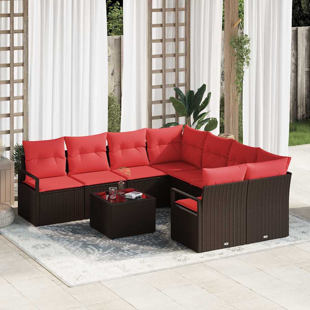 Set di divani 9 pz 8-Numero di posti Marrone e Rosso polyrattan