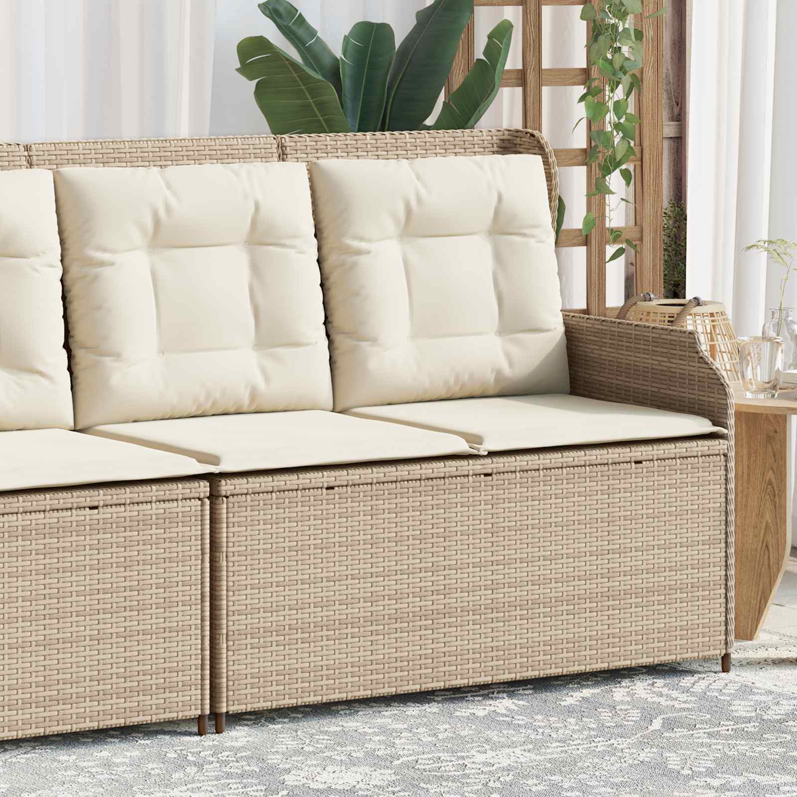 Panchina da giardino con cuscino Nero e Bianco Crema polyrattan