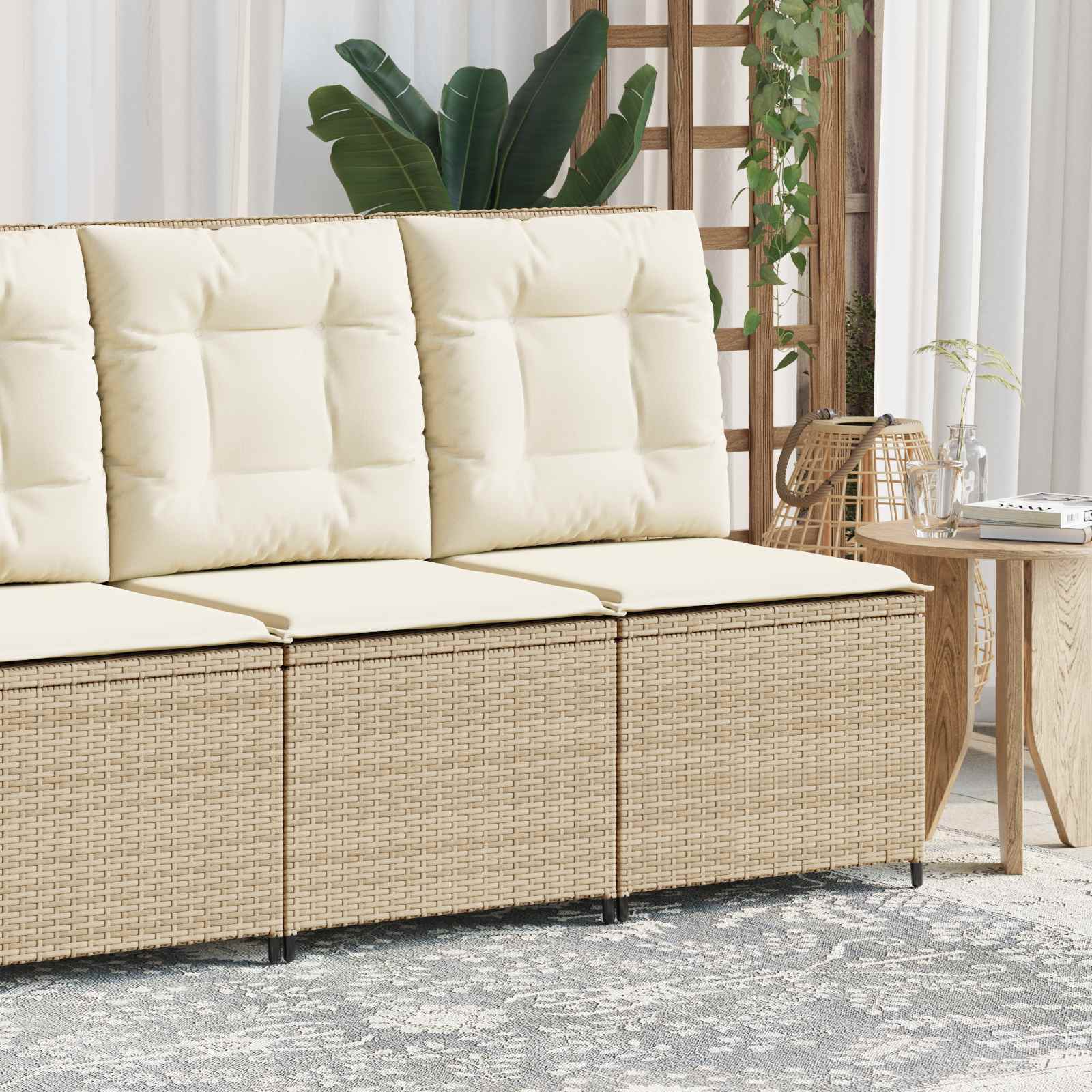 Divano da giardino con cuscino Nero e Bianco Crema polyrattan