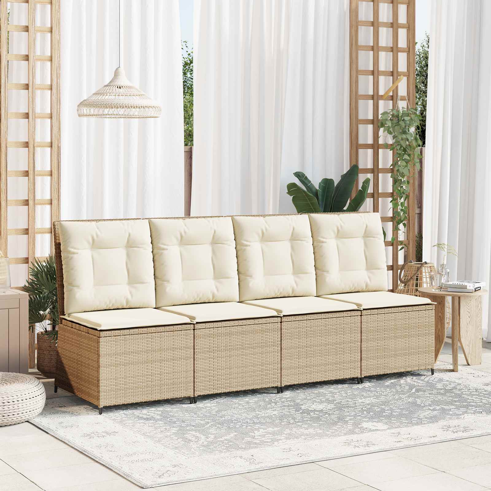 Divano da giardino con cuscino Nero e Bianco Crema polyrattan
