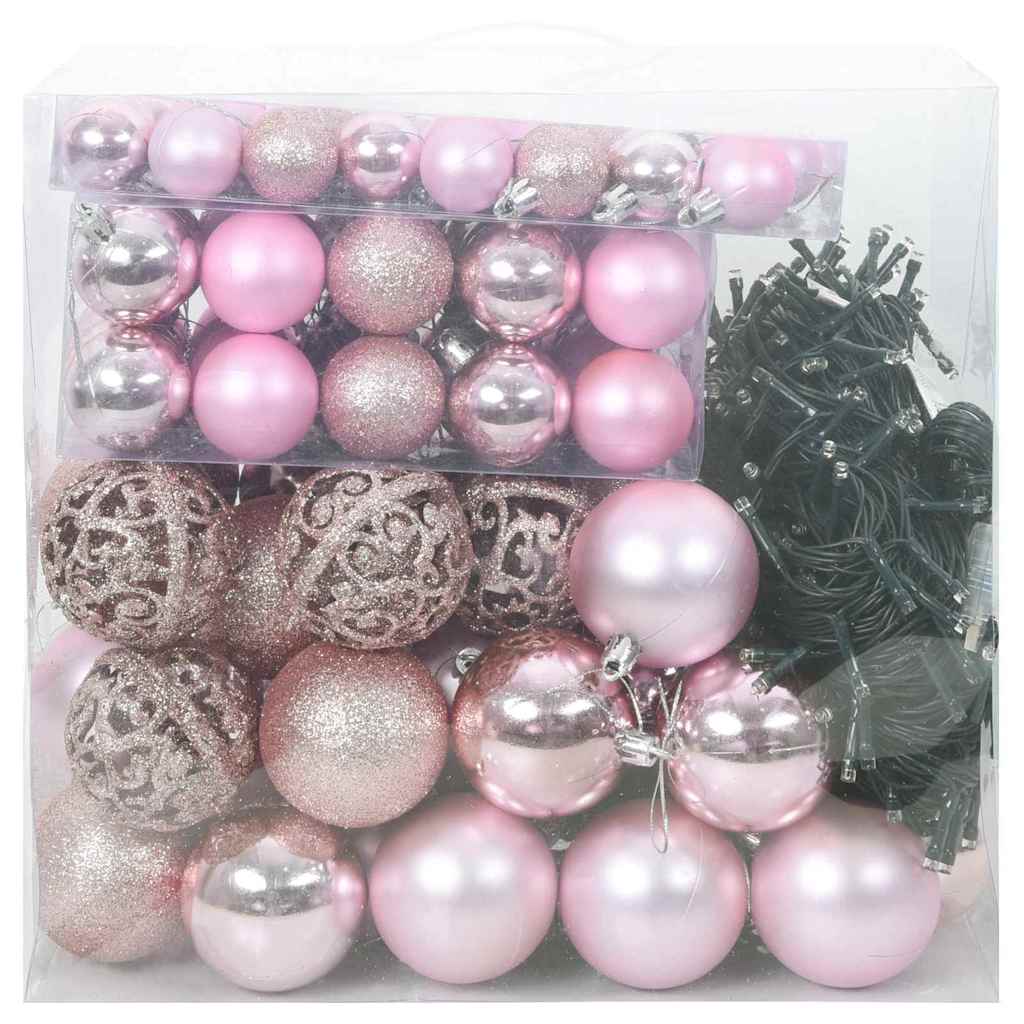 Set di Palle di Natale 120 pz Rosa Ø 6 cm Plastica 300 LED