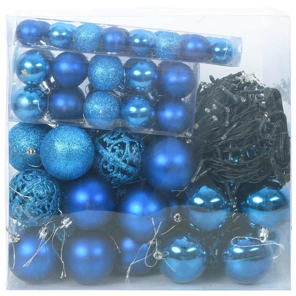 Set di Palle di Natale 120 pz Blu Ø 6 cm Plastica 300 LED