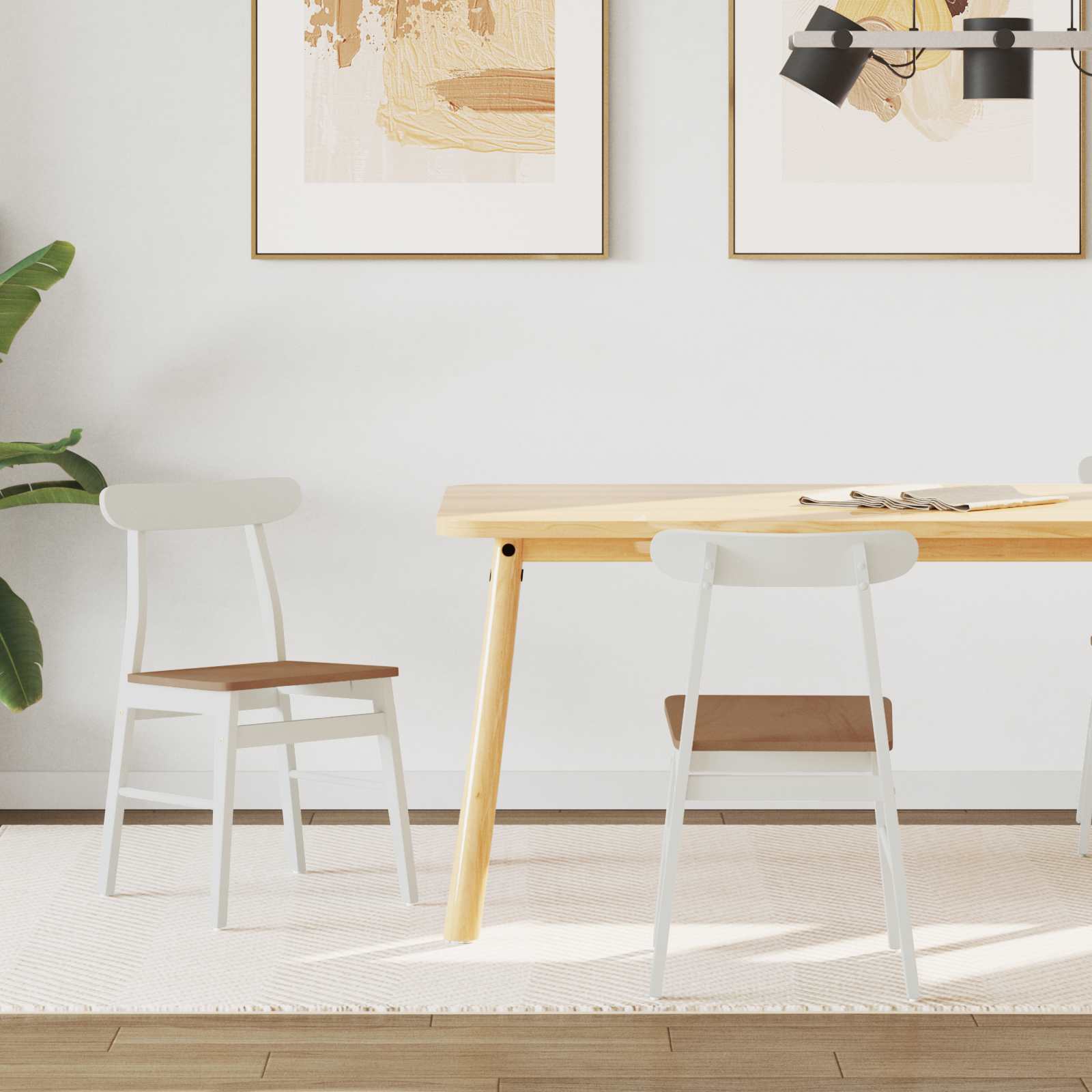 Sedia da pranzo 2 pz Legno di gomma solido Bianco e Naturale