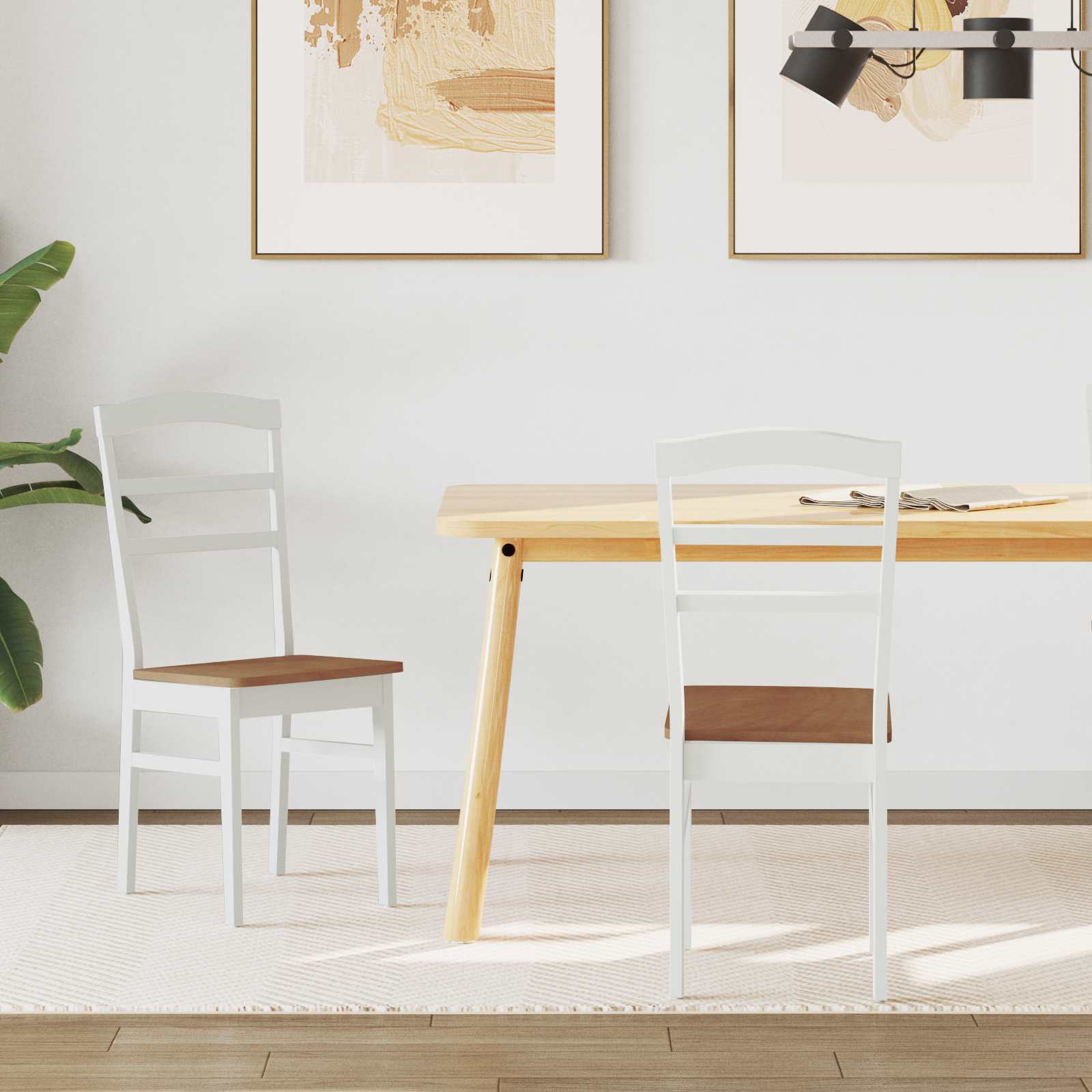 Sedia da pranzo 2 pz Legno di gomma solido Bianco e Naturale