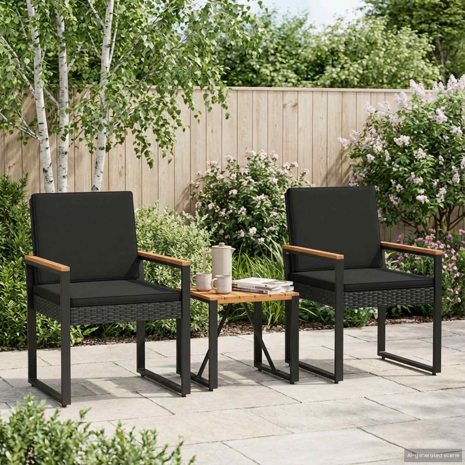 Set Mobili da Esterno 3 pz Nero polyrattan