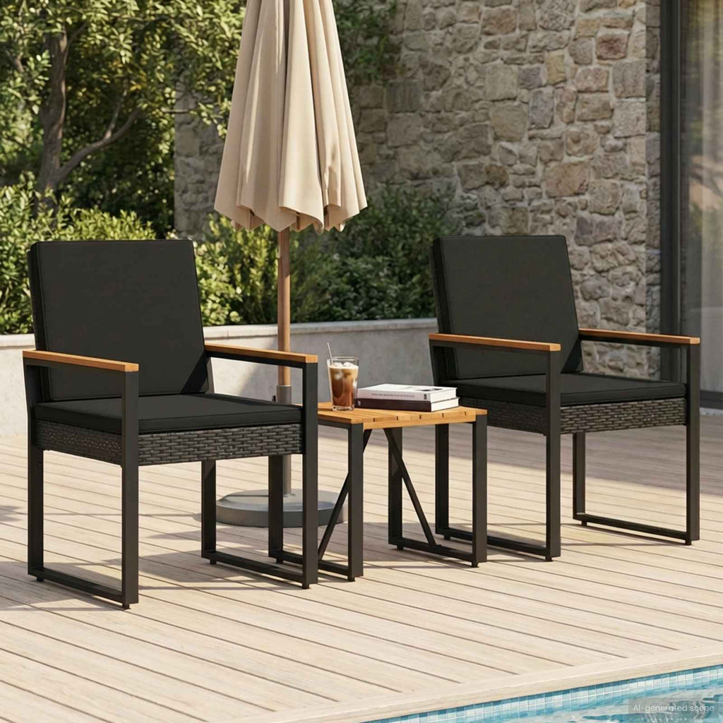 Set Mobili da Esterno 3 pz Nero polyrattan