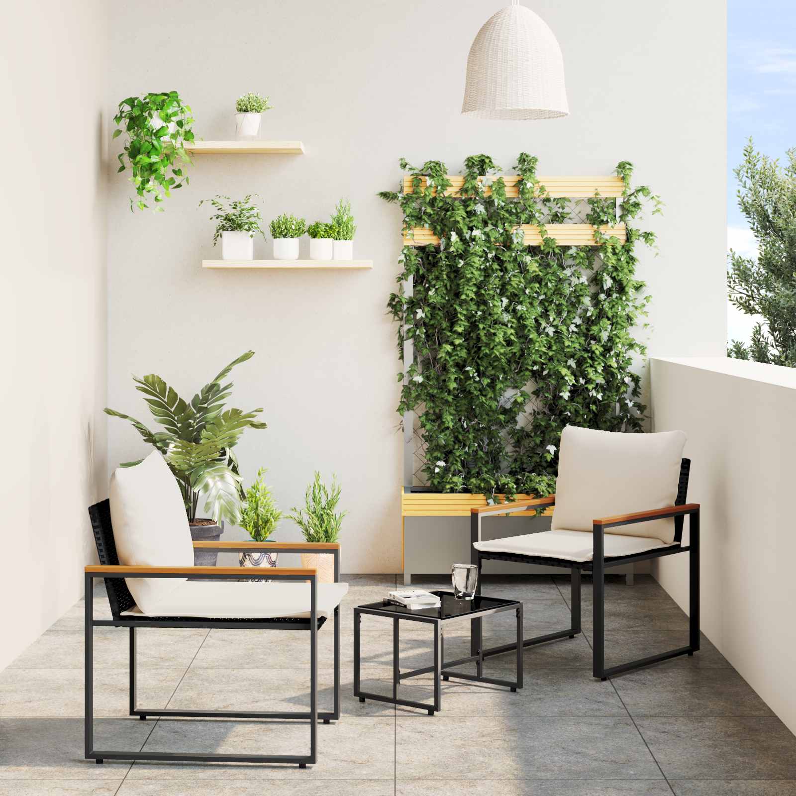 Set di Mobili 3 pz Nero e Bianco Crema Rattan