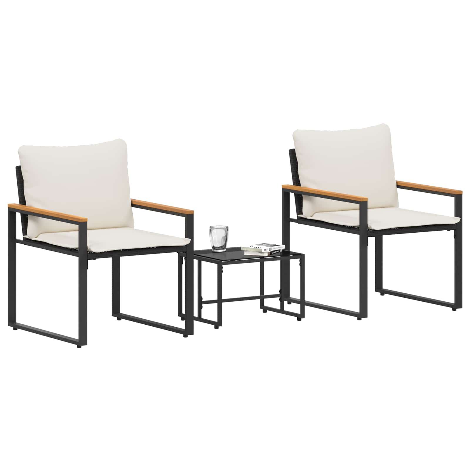 Set di Mobili 3 pz Nero e Bianco Crema Rattan