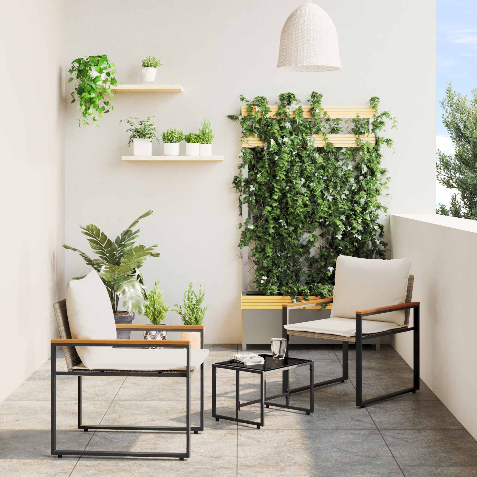 Set di Mobili 3 pz Beige e Bianco Crema Rattan