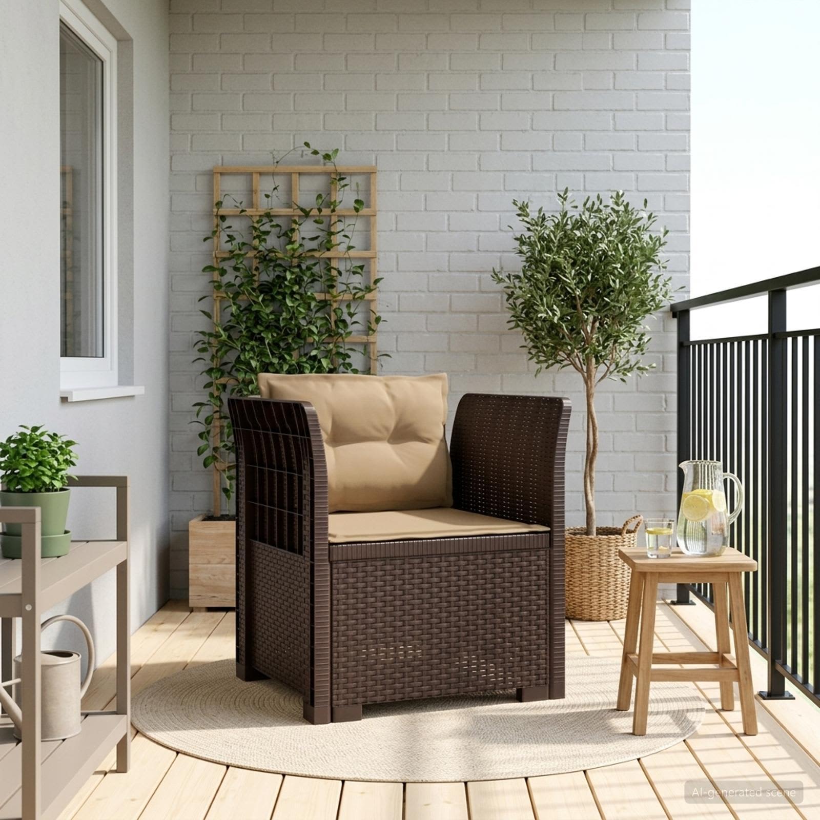 Poltrona a 1 Posto con Cuscini Aspetto Rattan PP Marrone
