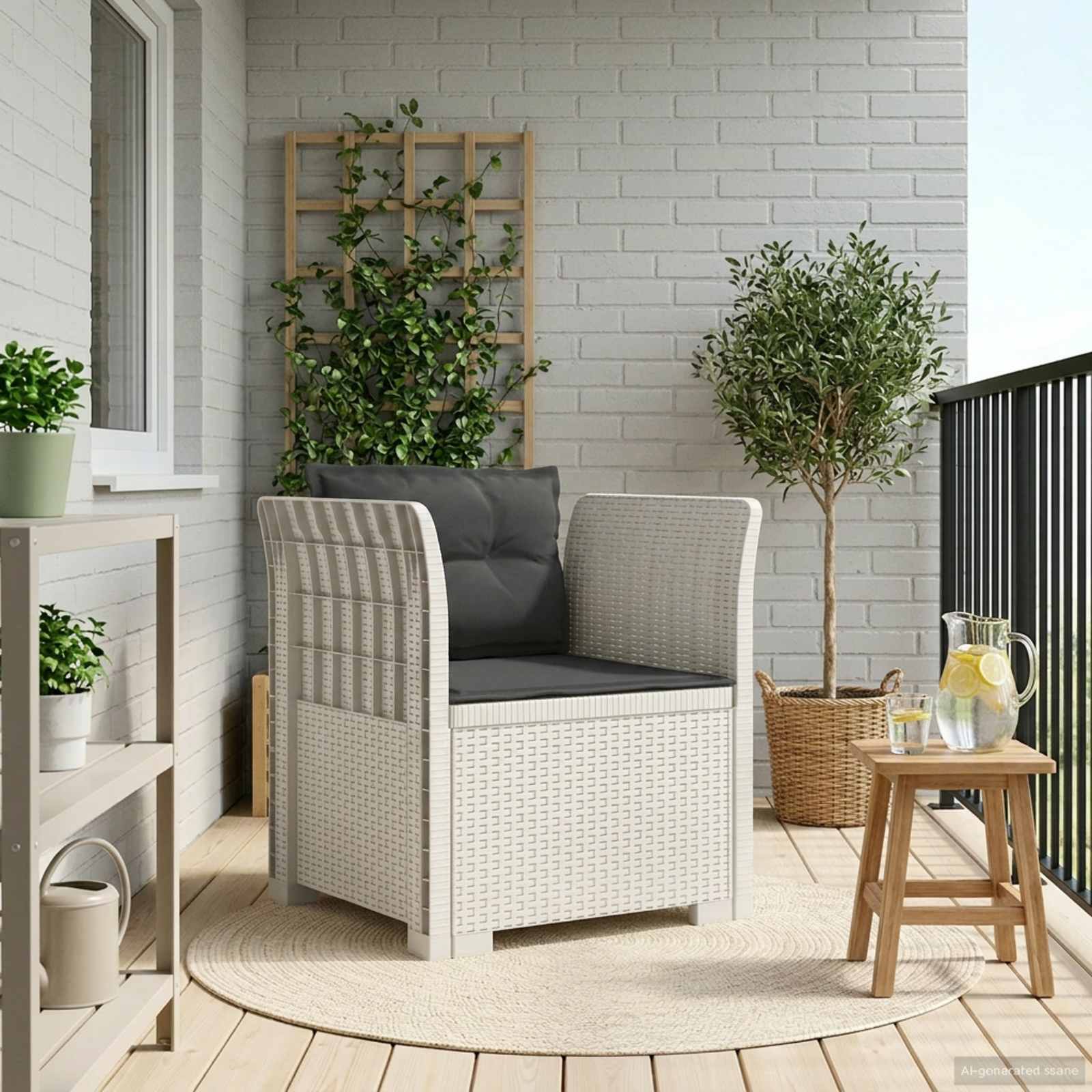 Poltrona a 1 Posto con Cuscini Aspetto Rattan PP Bianco