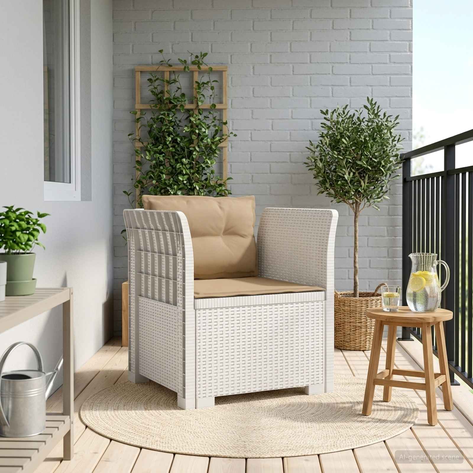 Poltrona a 1 Posto con Cuscini Aspetto Rattan PP Bianco