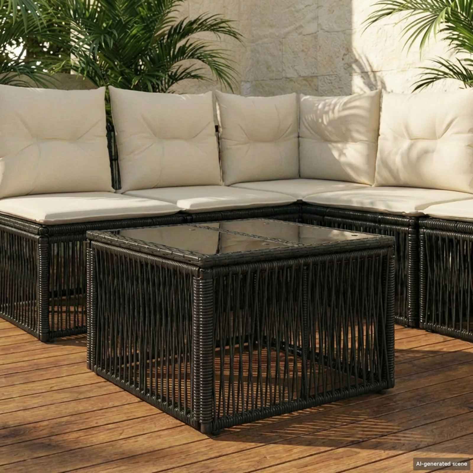 Tavolo da Giardino Nero 55 x 55 x 37 cm Rattan PE e Vetro