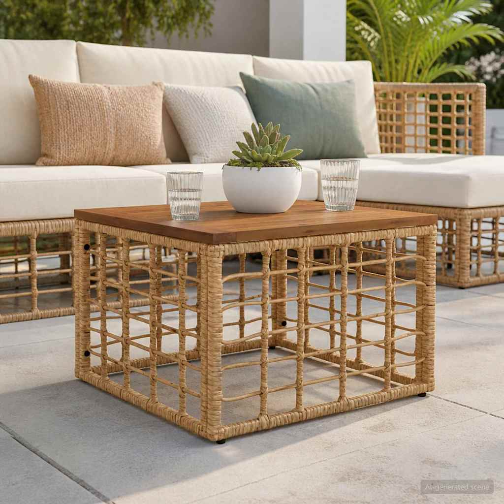 Tavolo da Giardino Naturale 55 x 55 x 37 cm Rattan PE e Vetro